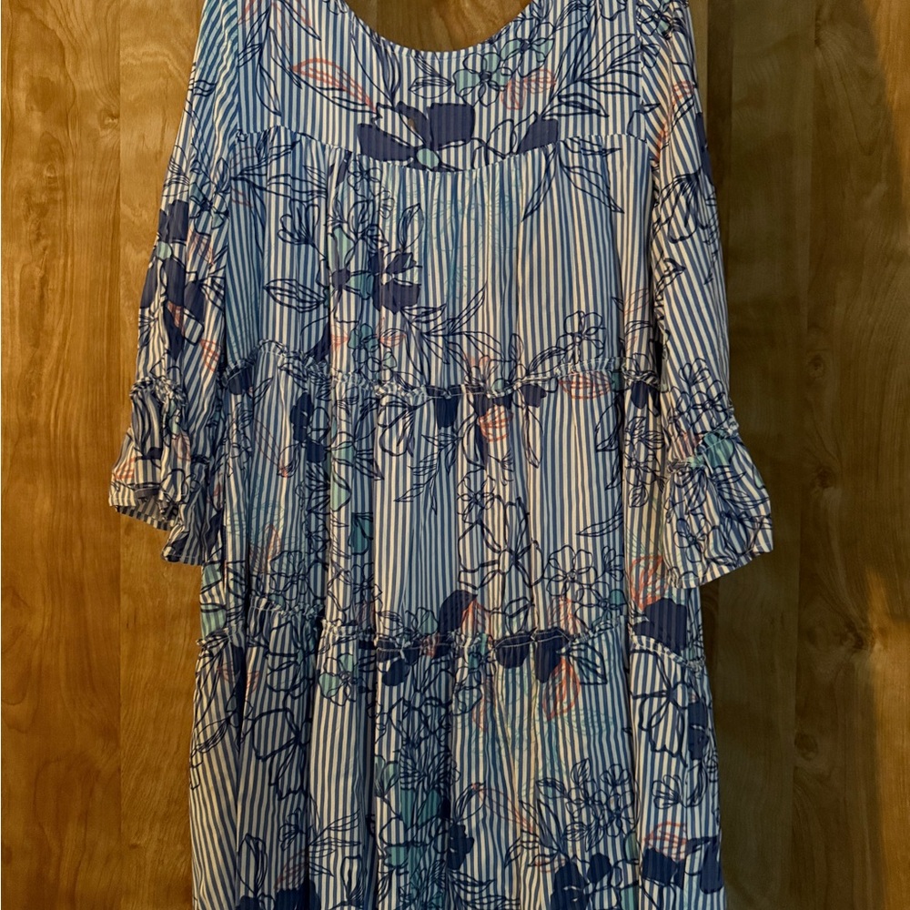 Blue & White Striped Floral Tiered Women's Dress